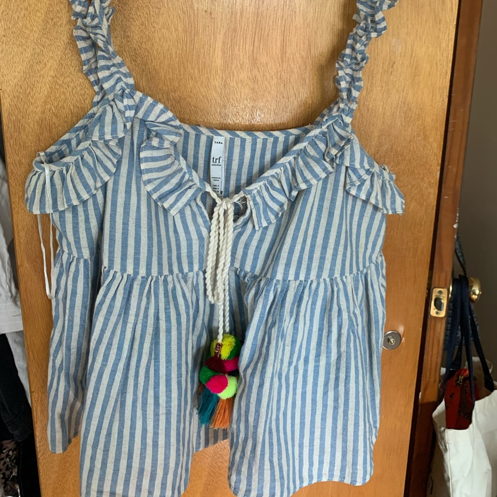 Zara stripped tank top with pom poms